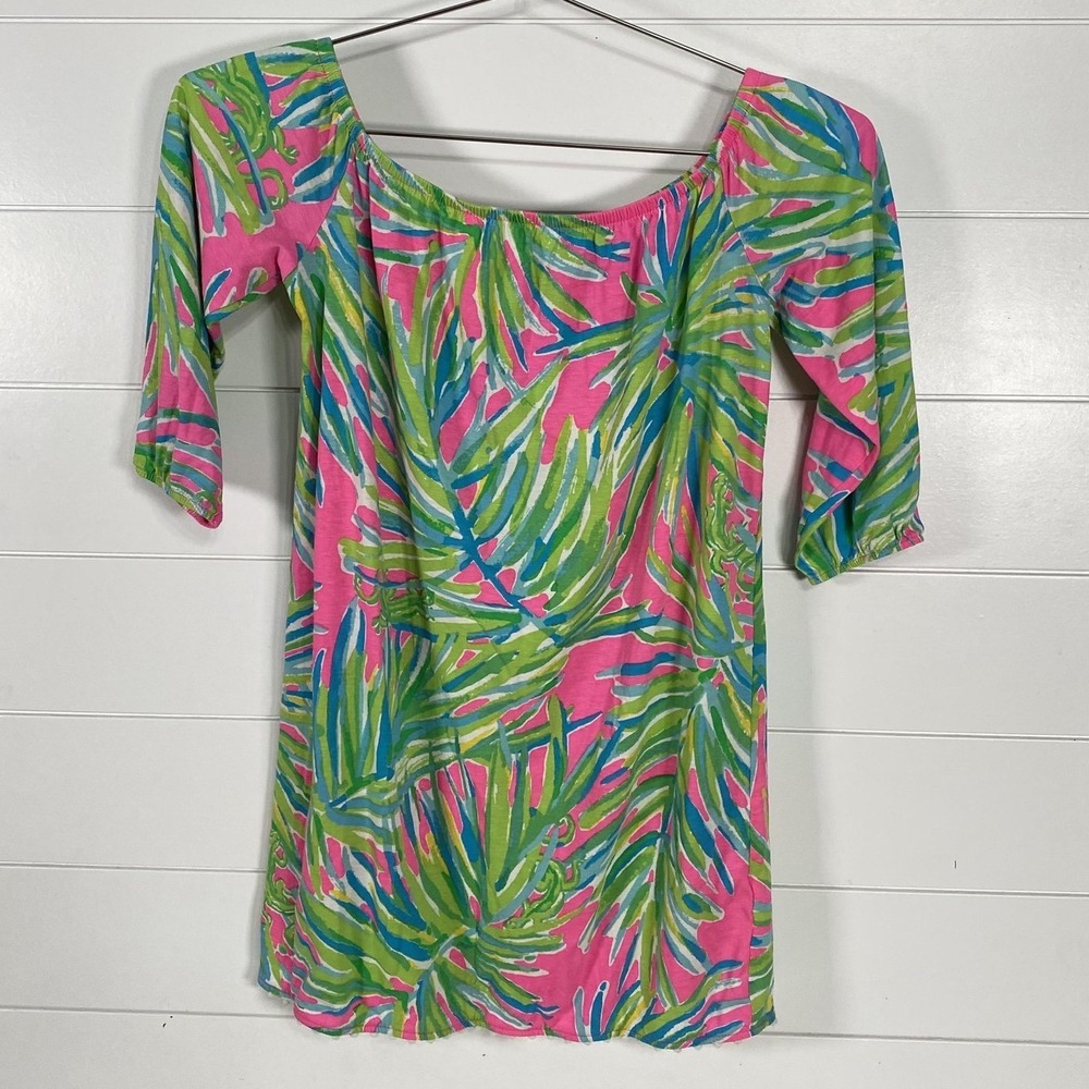 Lilly Pulitzer Shirt Girls Large Pink Green Mini Enna‎ Tropical Palm Resortwear